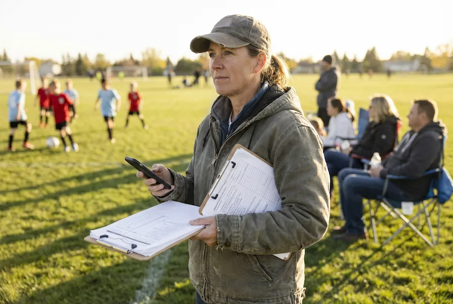 Youth soccer coordinator checking their phone on the sideline